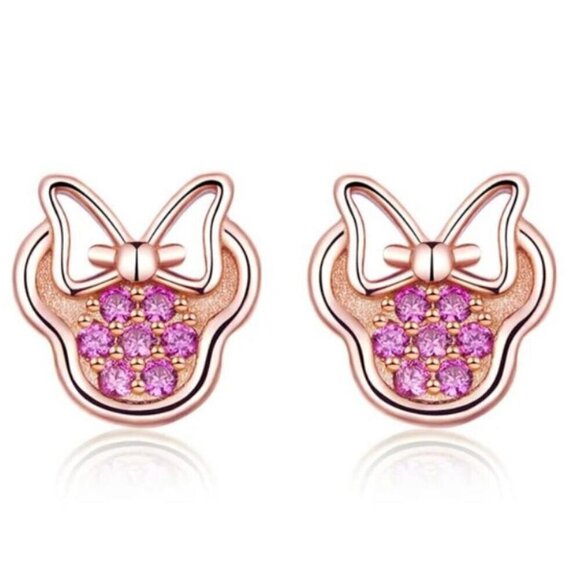 925 Sterling Silver Rose Gold CZ Minnie Mouse Stud Earrings - Picture 1 of 7